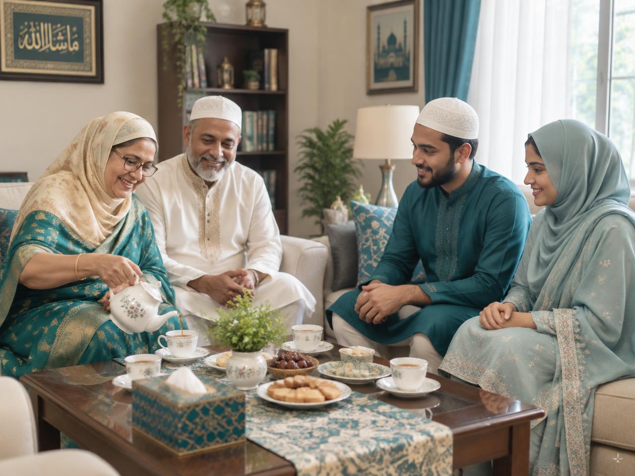 A Bangladeshi Muslim family sharing tea in their living room