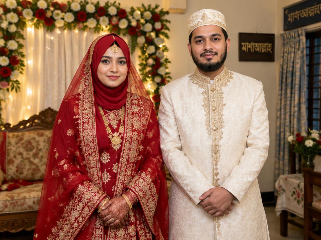 A Bangladeshi bride in red bridal hijab and a groom in a cream sherwani standing side by side at their wedding
