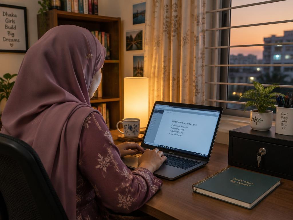 A woman in a mauve hijab working calmly on a laptop at home in the evening