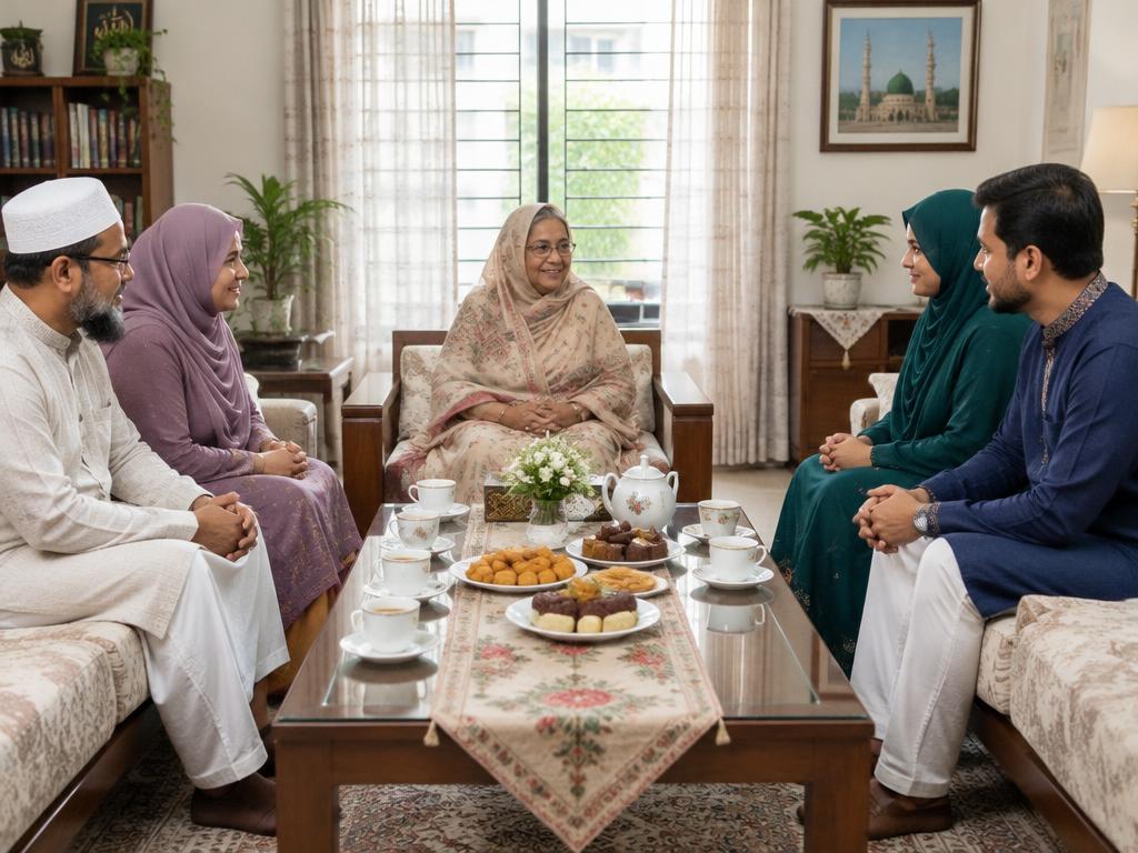 Two families meeting respectfully in a living room, with an elderly aunt seated between them